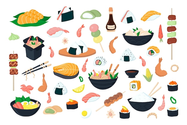 Een groot aantal illustraties van Aziatisch eten