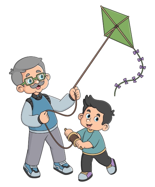 Vector een grootvader is blij met zijn kleinzoon die vlieger speelt