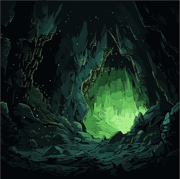 een grot met een beekje en een spelachtergrond voor de ingang van de grot
