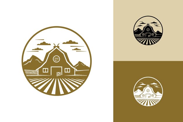 Vector een grote boerderij met een schuur en heuvels en een wolk op de achtergrond monochroom vectorlogotype concept voor boerderij