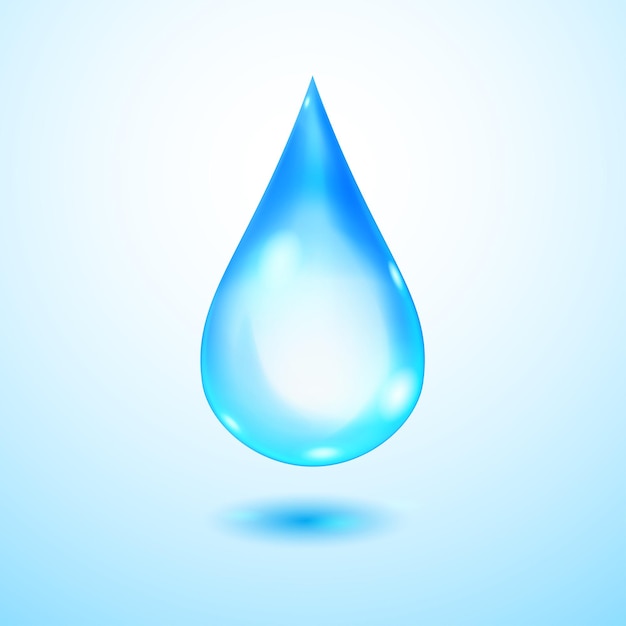 Een grote realistische doorschijnende waterdruppel in blauwe kleuren met schaduw