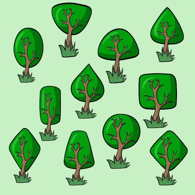 Een grote reeks afbeeldingen van cartoonbomen met een prachtig ontwerpelement voor gebladerte vectorillustratie
