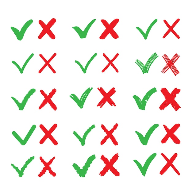 Een grote reeks groene teken en rode kruisen in verschillende stijlen Vectorillustratie met symbolen