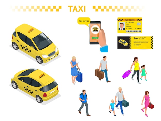 Vector een grote set isomere afbeeldingen van een taxi auto reizende mensen met bagage een mobiele taxi-oproepapplicatie een taxivergunning en een flyer karakterset actief recreëren en reizen