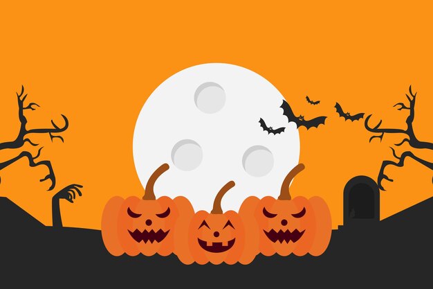 Een halloween-illustratie van pompoenen met vleermuizen en een volle maan.
