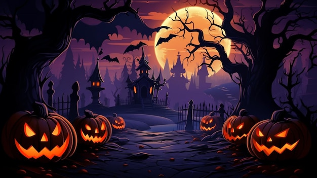 Vector een halloween scène met pompoenen en kasteel op de achtergrond