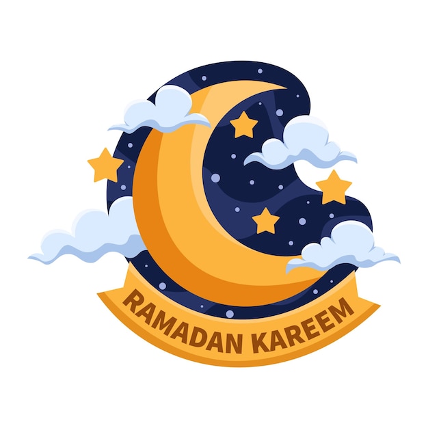 Een halve maan met een gouden lint en de woorden ramadan kareem erop.