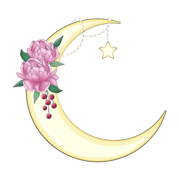 Vector een halve maan versierd met bloemen laat een met de hand getekende posterschilder voor een islamitisch festival