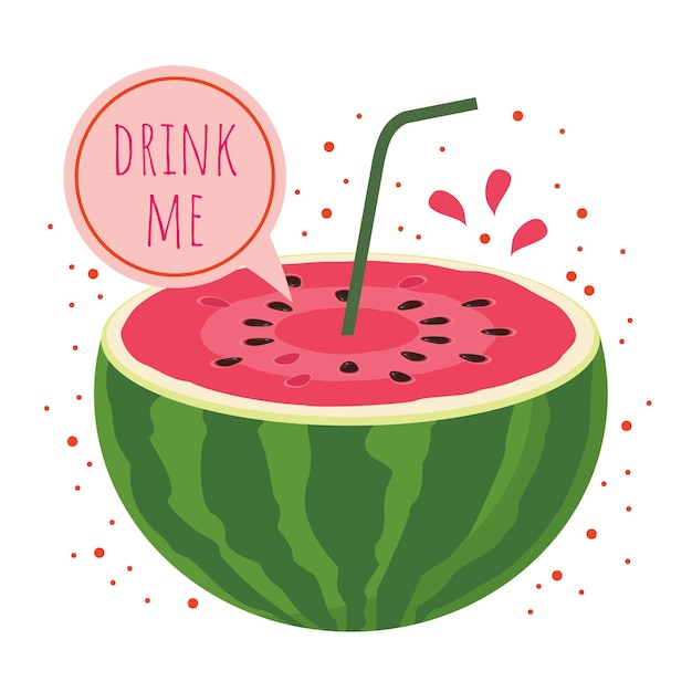 Een halve sappige watermeloen met een cocktailrietje de woorden drink me vector op een witte achtergrond