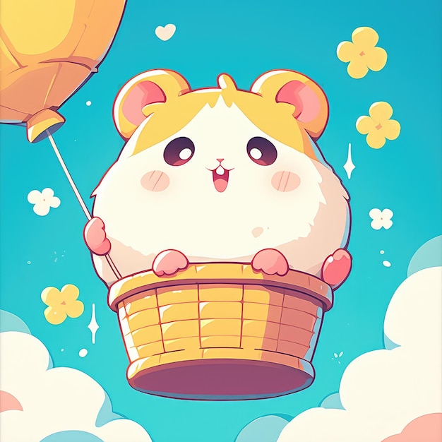 Een hamster die op een luchtballon rijdt in cartoon stijl