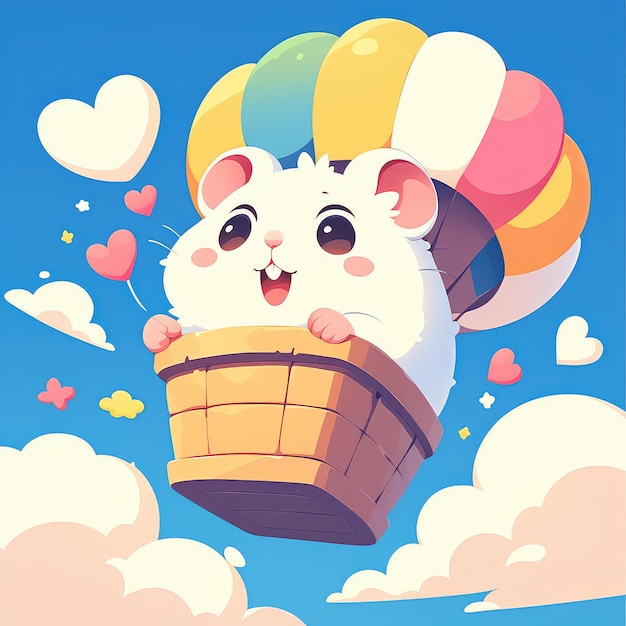 Een hamster die op een luchtballon rijdt in cartoon stijl