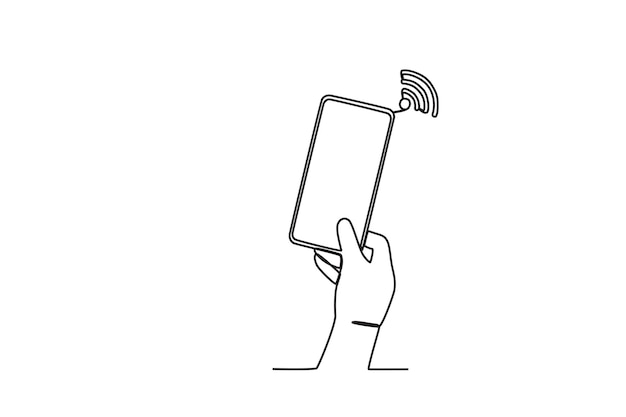 Een hand die een mobiele telefoon vasthoudt en op internet zoekt Internationale internetdag oneline-tekening
