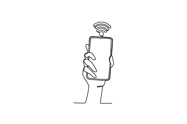 Vector een hand die een mobiele telefoon vasthoudt met wifi internationale internetdag oneline-tekening