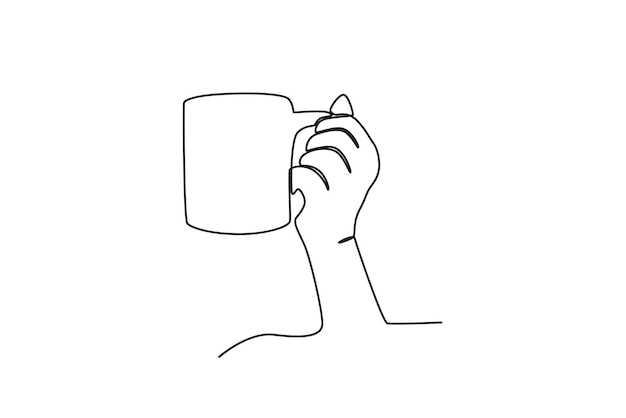 Een hand hief een glas hete koffie Internationale koffiedag oneline tekening
