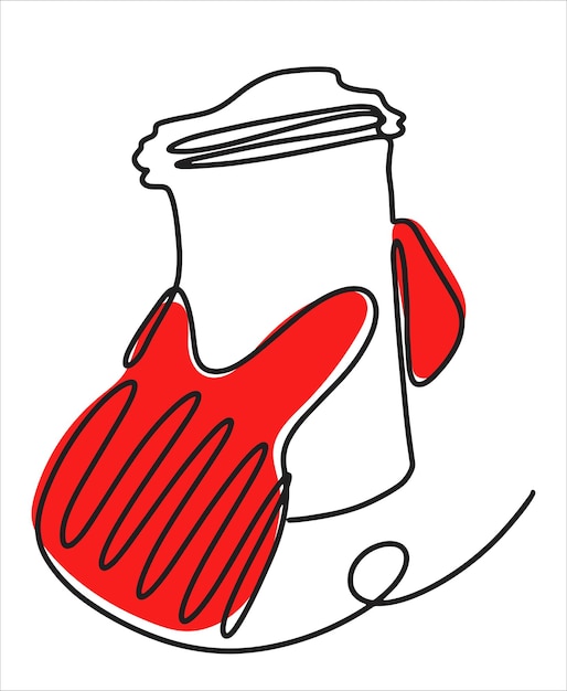 Een hand in wanten houdt een glas met een warme drank vast Vectortekening in lineaire stijl Winterillustratie