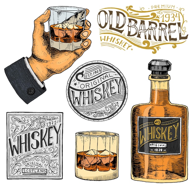 Een hand met een glas whisky en een fles whisky.