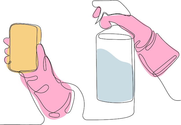 Een hand met een roze handschoen die een fles reinigingsvloeistof vasthoudt en een spuitfles met reinigingsproduct