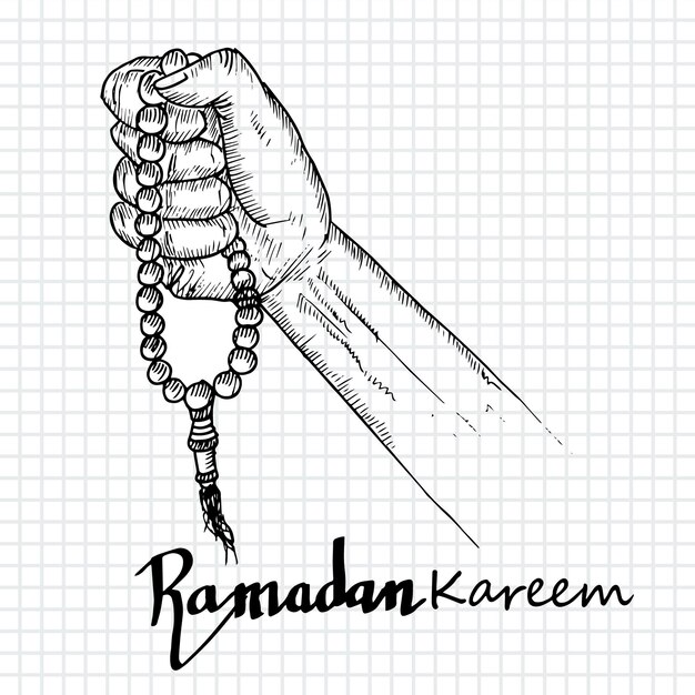 Een hand met een rozenkrans is getekend met de woorden ramadan