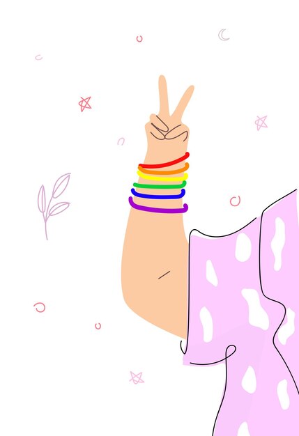 Een hand met een Victoria-gebaar met LGBT-gemeenschapsarmbanden