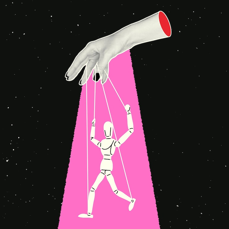 Vector een hand met halftooneffect bestuurt de pop in retro-collagestijl