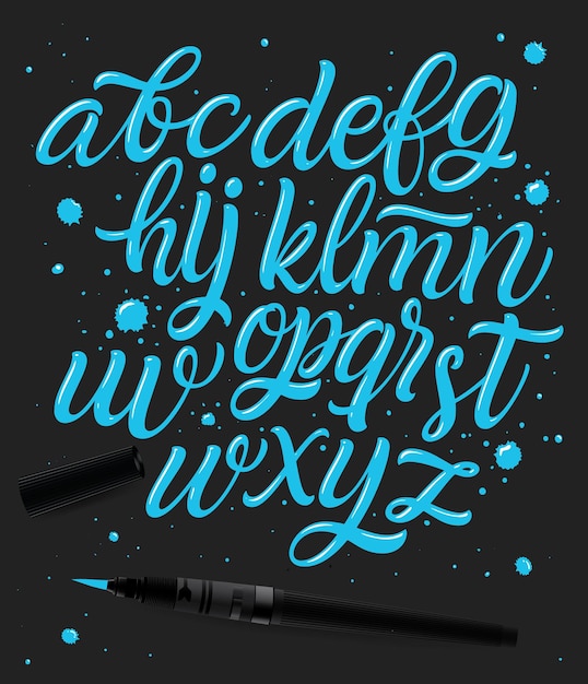 Een handgeschreven lettertype dat blauw is met de scriptletters Vector alfabet