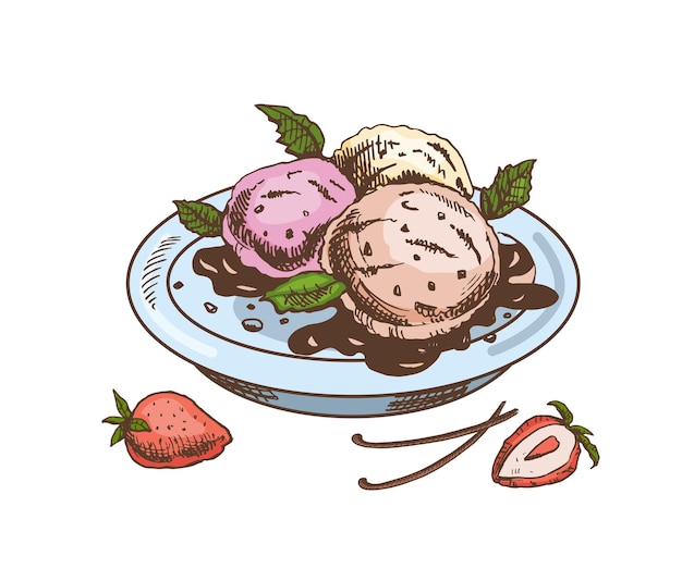 Een handgetekende gekleurde schets van een ijsballen in een bord met chocoladesaus vanillestokjes aardbeien vintage illustratie element voor het ontwerpen van etiketten, verpakkingen en ansichtkaarten