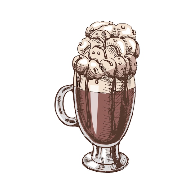 Vector een handgetekende gekleurde schets van warme chocolademelk met slagroom vintage illustratie doodle element voor het ontwerp van etiketten, verpakkingen en ansichtkaartenxa