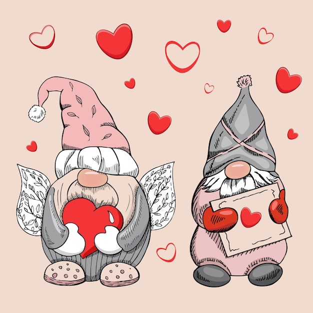 Een handgetekende kabouters voor Valentijnsdag De Scandinavische kabouters met hartjes