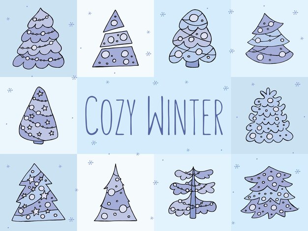 Een handgetekende kerstboom Vectorillustratie in doodle stijl Winter stemming Hallo 2023 prettige kerstdagen en gelukkig Nieuwjaar blauwe bomen met speelgoed op een blauwe achtergrond