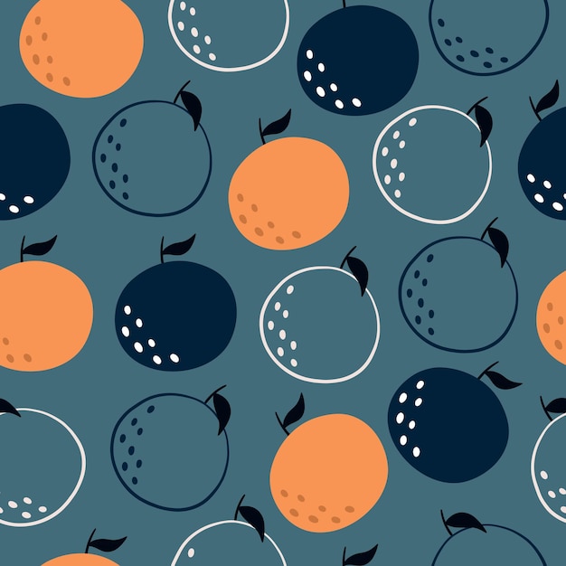 Een handgetekende oranje naadloze fruitpatroon Vector zomer illustratie op een blauwe achtergrond