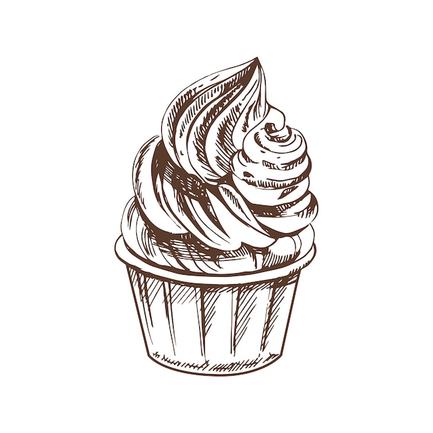 Een handgetekende schets van bevroren yoghurt of softijs cupcake in een kopje Vintage illustratie Element voor het ontwerpen van etiketten, verpakkingen en ansichtkaarten