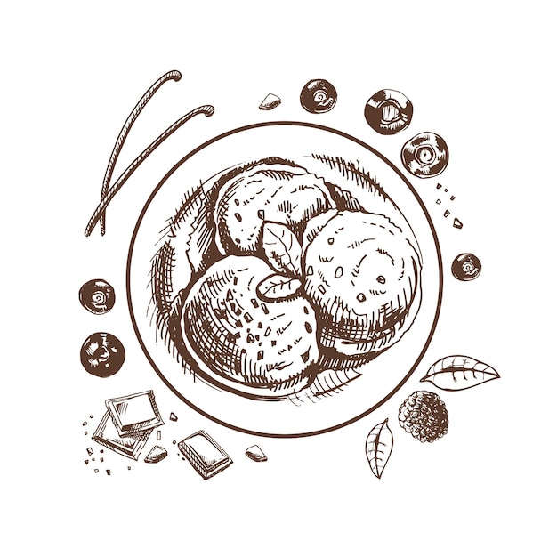 Een handgetekende schets van een ijsballen in een bord met chocoladebessen vanillestokjes Bovenaanzicht Vintage illustratie Element voor het ontwerpen van etiketten, verpakkingen en ansichtkaarten