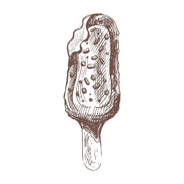 Een handgetekende schets van ijslolly op een stokje in chocolade Vintage illustratie Element voor het ontwerpen van etiketten, verpakkingen en ansichtkaartenxA