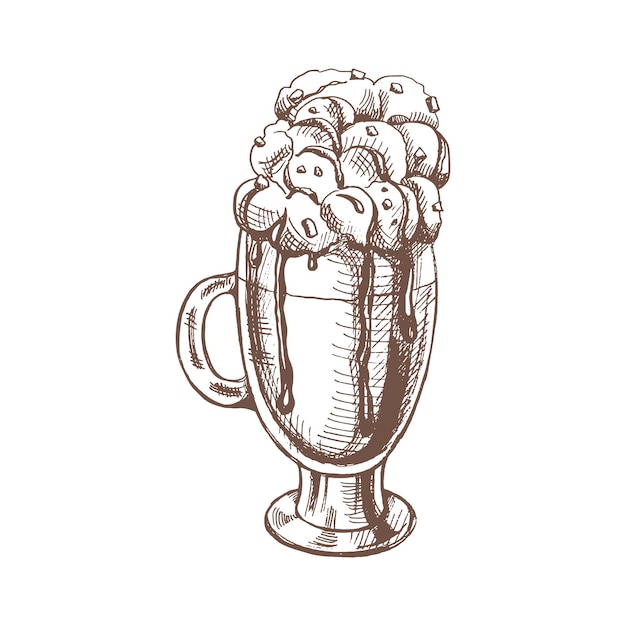 Een handgetekende schets van warme chocolademelk met slagroom Vintage illustratie doodle Element voor het ontwerp van etiketten, verpakkingen en ansichtkaartenxA