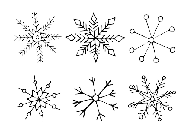 Een handgetekende set sneeuwvlokken in verschillende vormen