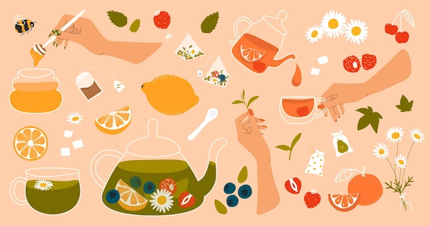Een handgetekende set van flatstyle theeceremonie-elementen honing, groene thee, fruit en kruidendrankjes