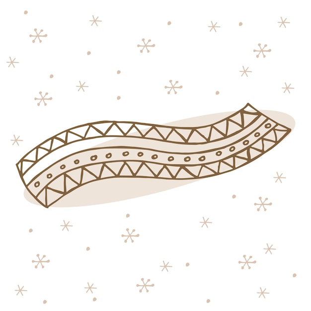 Een handgetekende winter kleding vectorillustratie in doodle stijl Winter stemming Hallo 2023 prettige kerstdagen en gelukkig Nieuwjaar bruine sjaal met ornament op een witte achtergrond met sneeuwvlokken