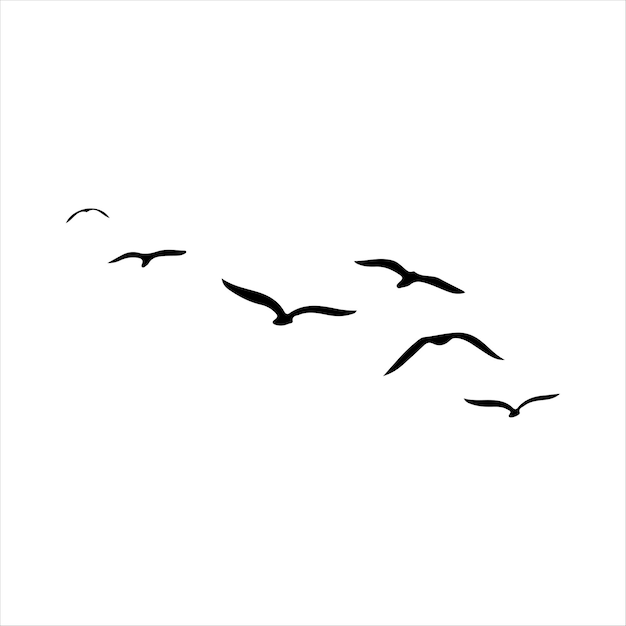 Vector een handgetekende zwerm vliegende vogels en zon zwart-wit vogel silhouetten