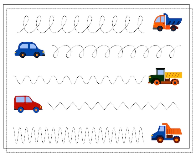 Een handschriftoefenspel voor kinderen veeg door de stippen Speelgoedauto's vliegtuighelikopter Vector