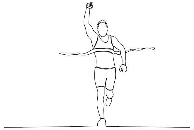 Een hardloper bereikt de finish terwijl hij zijn vuisten omhoog houdt