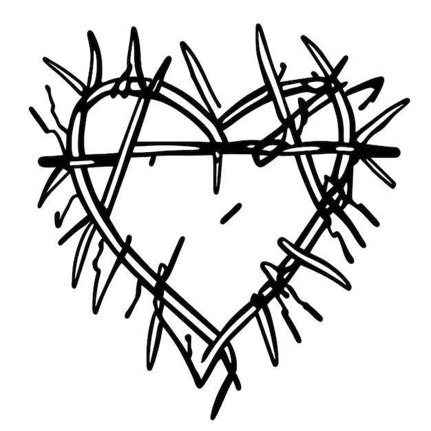 een hart gemaakt van prikkeldraad doorboord met spijkers vector illustratie lijntekeningen