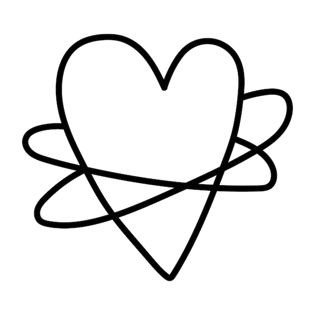 Een hartvormige planeet in doodle-stijl. Contour vectortekening van een ruimtevoorwerp. Asteroïde, planeet van liefde
