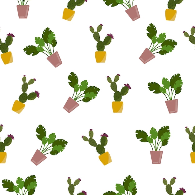 Een helder naadloos patroon met een bloem en cactussen in potten. Groene potplanten patroon. Vectorillustratie op een witte achtergrond.