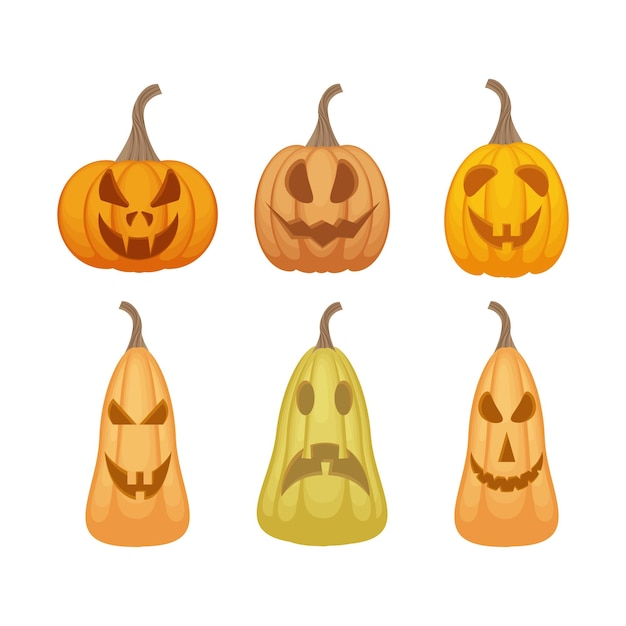 Een heldere feestelijke set met de afbeelding van emotionele pompoenen in verschillende vormen en kleuren die halloween symboliseren oranje pompoenen met verschillende emoties de vreselijke uitdrukking op het gezicht van jackolantern