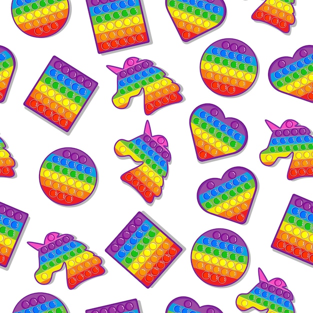 Een heldere illustratie met de afbeelding van regenboog antistress speelgoed. naadloos pop it-patroon en simple dimple. eenhoorn, vierkant, hart, cirkel.