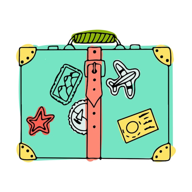 Een heldere koffer voor reizen Handbagage Bag Entertainment verhuizen naar een ander land Vector illustratie op witte achtergrond in doodle stijl