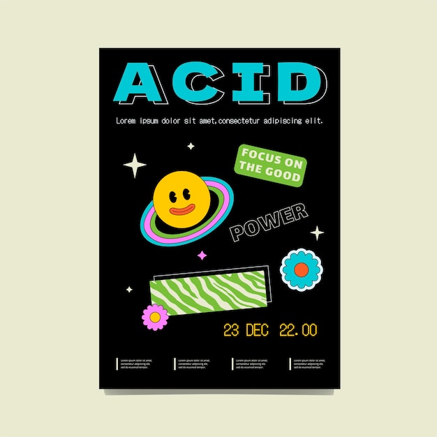 Vector een heldere rave poster met een lachende oude cartoon planeet inscripties kleuren en texturen abstracte festival print