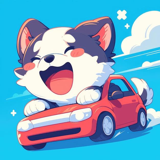 Een hond rijdt een auto in cartoon stijl.