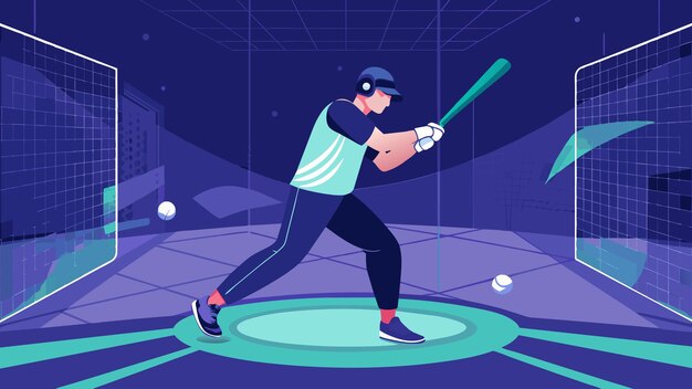 Een honkbalcoach in een digitale slagkooi met behulp van motion capture-technologie om swingtechnieken te analyseren en te verbeteren voor deelnemers aan een virtuele kliniek Vector illustratie