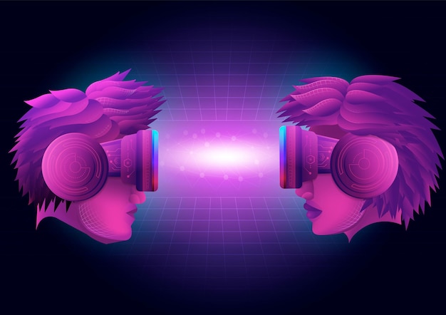 Een hoofd van een man en een hoofd van een vrouw gebruiken een VR virtual reality-bril voor een metaverse virtuele wereld